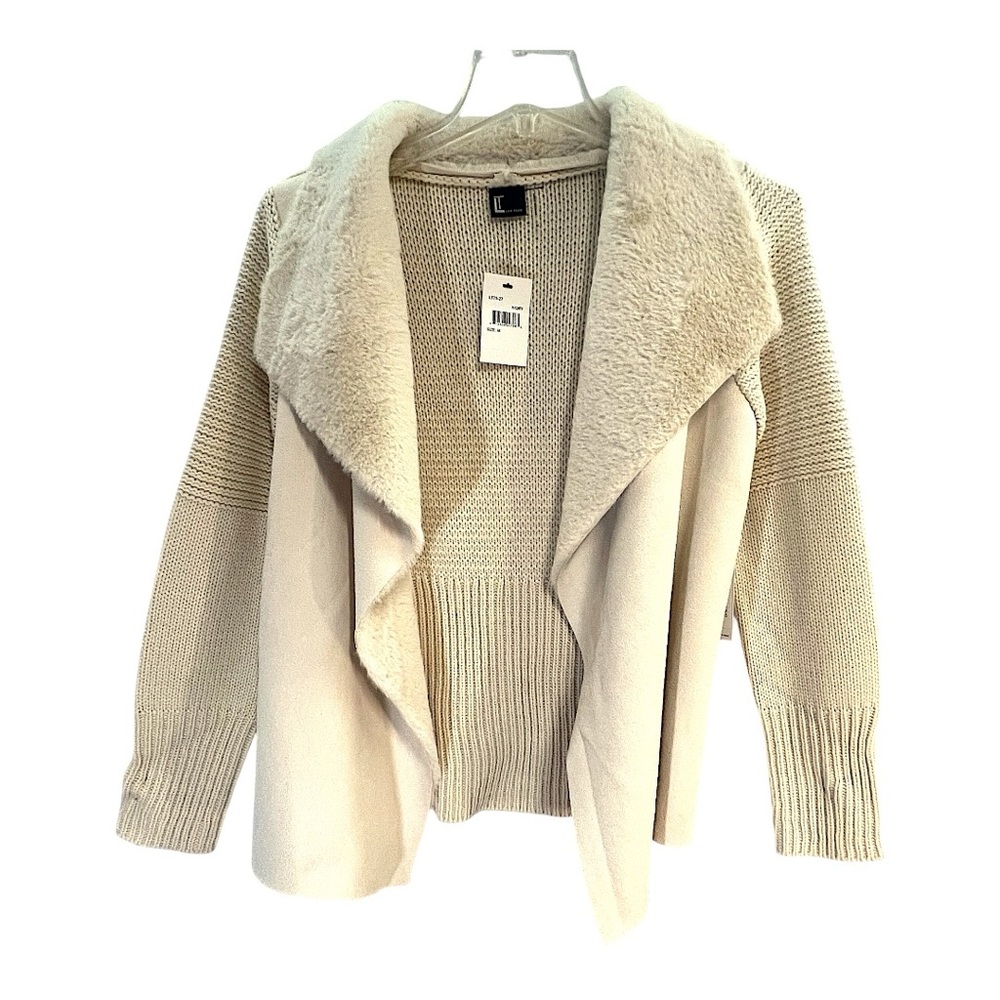 LOVE TOKEN Faux Suede Open Cream Sweater/Cardigan in knitted design NWT SZ MED - Picture 16 of 16